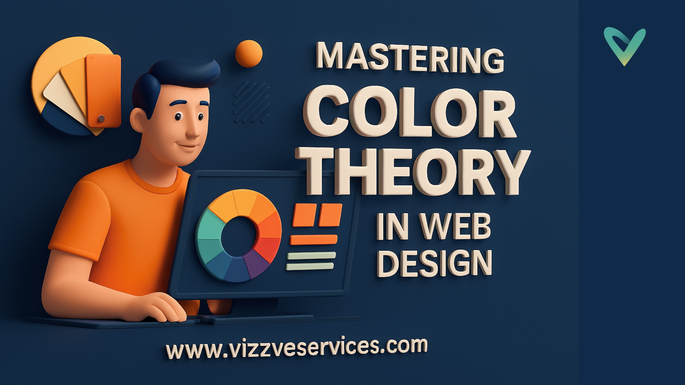Color wheel and UI elements illustrating strategic color theory in web design